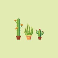 three cactus plants planted on pots in flat style design in calm tones on soft green background