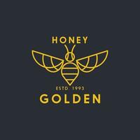 a simple line logo of a bee in gold color on dark background for honey farm or organic honey product label