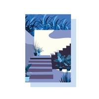 a poster that depicts a stair with a lot of potted plants around it in soft calming tones and style vector