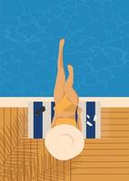 cartel de verano con una chica en traje de baño sentada junto a la piscina en colores retro. pancarta de verano. ilustración vectorial vector