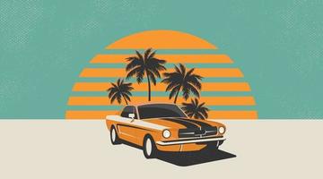 ilustración vectorial de un muscle car americano con puesta de sol y palmeras de estilo retro con colores antiguos vector