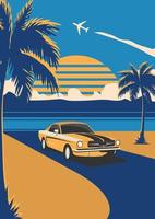 Retro car poster with seascape, palm trees and sunset in vintage colours