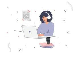 Student are cute girl studying online. The character sit at a desk, look at their laptops and study with books and notebooks. Online education concept. Flat vector illustration.