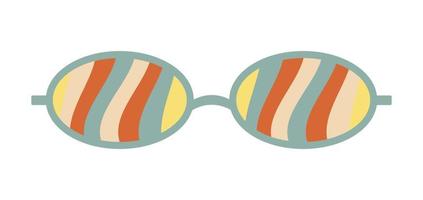 Psychedelic sunglasses in the style of the 70s. Retro groovy graphic elements of glasses with rainbow, lines and waves. vector