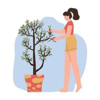 the girl takes care of the flowers. home plants in pots. flat hand drawn illustration. vector