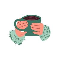 Hands with cups for drinks. Hands hold different mugs with hot drink, coffee, cocoa and tea. Flat vector hand drawn illustration.