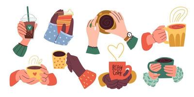 set of female hands hold hot drinks. takeaway coffee, tea. flat hand drawn illustration. vector