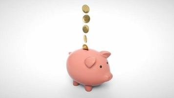 3d render of gold coin falling into a piggy bank. Piggy bank with coins money cash isolated on white background. Icon piggy bank, concept of saving money. Pig money box icon. photo