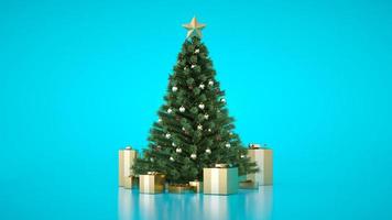 Amazing Christmas luxury tree with golden gift boxes. 3D render. Christmas tree flasher. Merry Christmas and Happy New Year. Xmas presents under the Christmas tree. Blue. Decorative Pine spruce tree. photo