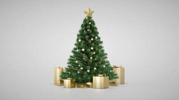 increíble árbol de navidad de lujo con cajas de regalo doradas. procesamiento 3d árbol de navidad intermitente. Feliz navidad y próspero año nuevo. regalos de navidad bajo el árbol de navidad. abeto de pino decorativo. foto