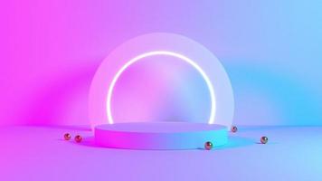suporte de produto azul violeta néon abstrato fundo, estúdio moderno luz ultravioleta, interior pastel de quarto, pódio brilhante, decorações de palco de performance, palco para círculo de luz. renderização em 3D video