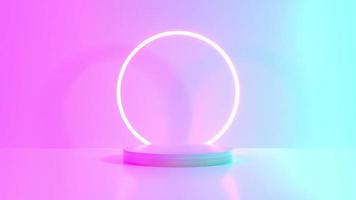 Product Stand blue pink violet neon abstract background, studio modern ultraviolet light, room pastel interior, Glowing podium, performance stage decorations, Stage for circle of light. 3d rendering video