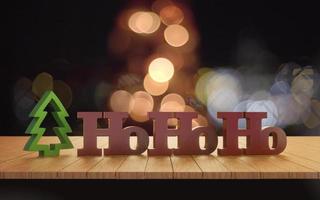 Merry Christmas Ho Ho Ho greeting message with christmas blurry bokeh light background. photo