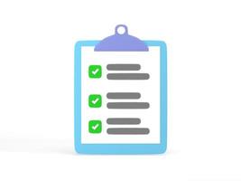 3D rendering, 3D illustration. Clipboard task management todo checklist on white background. Documents icon concept. photo