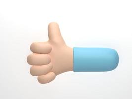 representación 3d, ilustración 3d. la mano del personaje de caricatura muestra el pulgar hacia arriba, como un gesto aislado en el fondo blanco foto