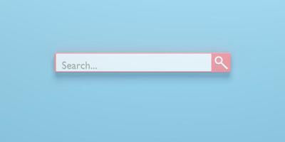 Ilustración 3d de renderizado 3d. elemento de barra de búsqueda mínimo con cursor de flecha sobre fondo azul. buscando sitio web, concepto de estilo de dibujos animados.
