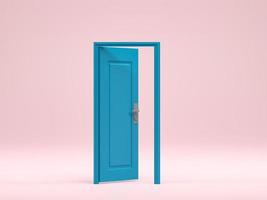 3D rendering, 3D illustration. Blue open door entrance in pink background room. minimal interior idea creative.