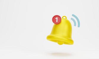 3D rendering, 3D illustration. Yellow notification bell is ringing with one new notification on white background. Minimal social media element. photo