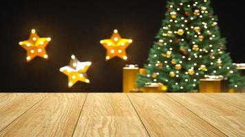 Christmas and New year background with empty wooden deck table over christmas tree, stars and blurred light bokeh. Empty display for product montage. Rustic vintage Xmas background. 3D Rendering. photo