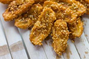 Fried banana, bamboo flooring. photo