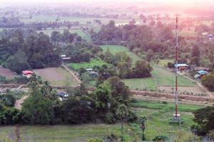 Residential telecommunications poles, trees photo