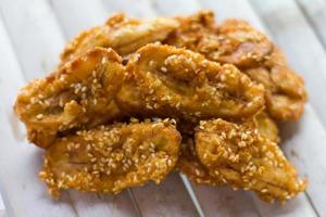 Fried banana, bamboo flooring. photo