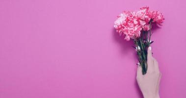 Summer flowers composition with girl hand isolated on pink background. Mother and women day. Valentine holidays concept. Top view and copy space. Banner and mock up. Flower season