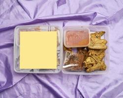 pollo envuelto con especias indonesias. los trozos de pollo están listos para ser fritos. comida lista para comer en caja de embalaje completa con salsa de chile, etc. caja de maqueta de embalaje de alimentos para plantilla. desenfoque de enfoque foto