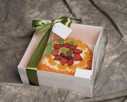 Lebaran parcels or Hampers, usually distributed at the moment of Eid. The packaging box contains a beautiful and attractive jelly cake. Also suitable for birthday cakes. Eid greetings. Focus Blur. photo