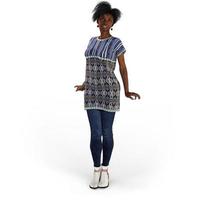 Beautiful black woman with patterned shirt, jeans and high heels in 3D illustration. photo