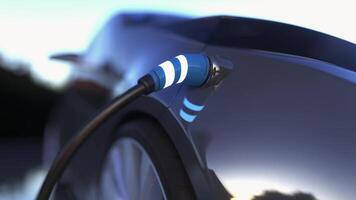Charging cable is plugged into socket. Electric vehicle charging port plugging in EV modern car. 3d rendering photo