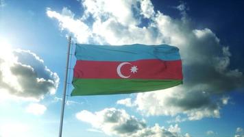 Flag of Azerbaijan waving at wind against beautiful blue sky. 3d rendering photo