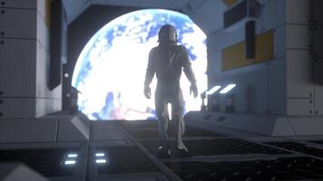 Alone astronaut in futuristic spaceship. View of the earth. 3d rendering photo