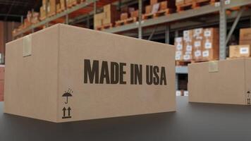 Boxes with MADE IN USA text on conveyor. 3d rendering photo