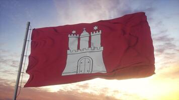 bandera de hamburgo, alemania, ondeando en el viento, el cielo y el fondo del sol. representación 3d foto