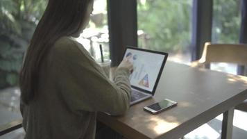 femme développant un projet d'entreprise et analysant les informations sur les données du marché sur un ordinateur portable dans un bureau extérieur video