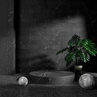 3d rendering minimal podium stage design in dark interior environment with marble texture and plants photo