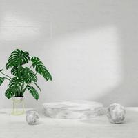 3d rendering minimal podium stage design for mockup presentation with marble texture and plants photo