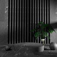 Diseño de escenario de podio mínimo de representación 3d en un ambiente interior oscuro con textura de mármol y plantas foto