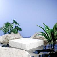 3d rendering minimal podium stage under water for presenting product mockup with rocks and plants photo