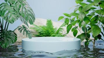 3d rendering minimal podium stage under water for presenting product mockup with rocks and plants