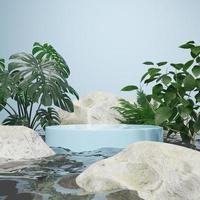 3d rendering minimal podium stage under water for presenting product mockup with rocks and plants