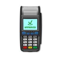 Vector Realistic black 3d Payment machine. POS terminal close-up on a white background. Design template for a bank payment terminal, Layout. NFC payment processing device. Top View