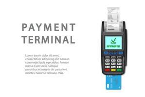 Vector Realistic black 3d Payment machine. A close-up POS terminal with a receipt and a bank card on a white background. Design template, layout. NFC payment processing device. Top View