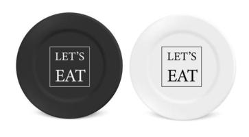 Vector 3d Realistic White and black porcelain, plastic or paper disposable food plate. The plate icon is isolated on a white background with text. Front view. Design template.