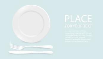 Vector 3d Realistic White with fork and knife, plastic or paper disposable food plate. The plate icon is isolated on a white background with text. Front view. Design template.