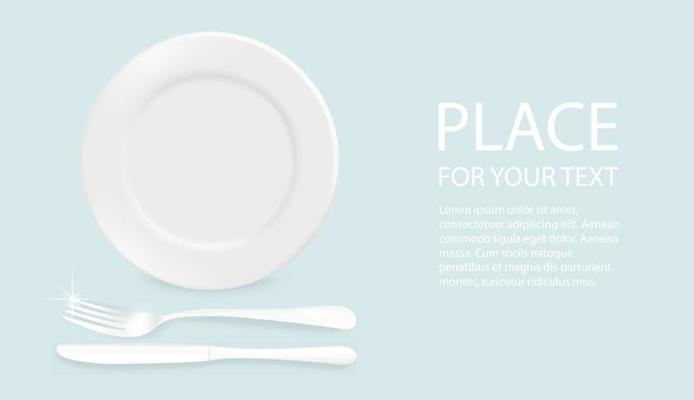Vector 3d Realistic White with fork and knife, plastic or paper disposable food plate. The plate icon is isolated on a white background with text. Front view. Design template.