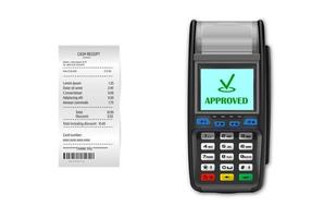 Vector Realistic black 3d Payment machine. Close-up of a POS terminal with a receipt on a white background. Design template, layout. NFC payment processing device. Top View