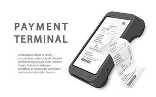 Vector Realistic black 3d Payment machine. Close-up of a POS terminal with a receipt and text on a white background. Design template, layout. Top View