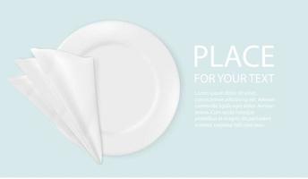 Vector 3d Realistic White porcelain, plastic or paper disposable food plate with napkin. The plate icon is isolated on a white background with text. Front view. Design template.